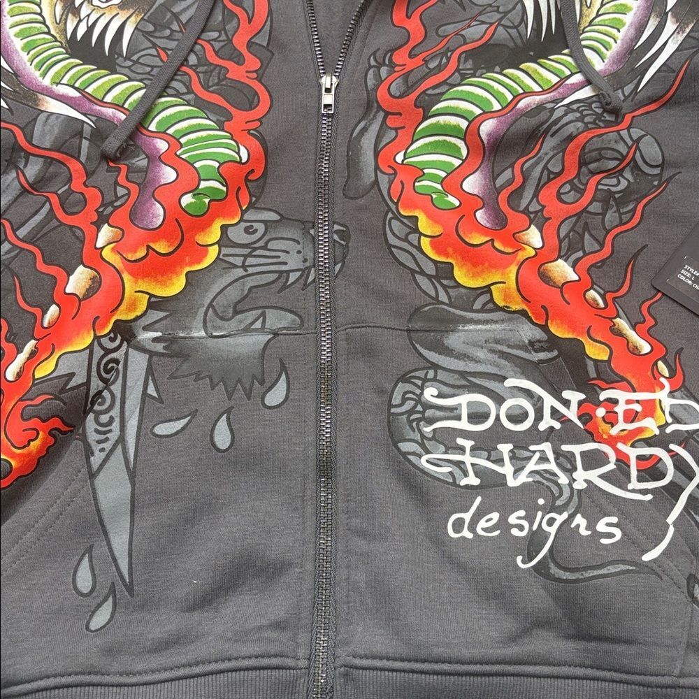 Ed Hardy Gray Zip Hoodie with Colorful Dragon Graphics cool large